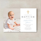 Baby Blue Script Cross Boy Foto Taufe Einladung