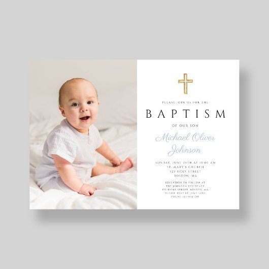 Baby Blue Script Cross Boy Foto Taufe Einladung