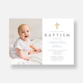 Baby Blue Script Cross Boy Foto Taufe Einladung