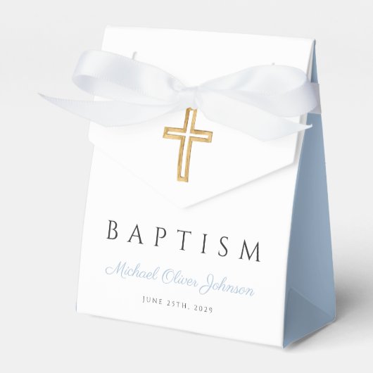 Baby Blue Script Religious Cross Boy Baptism Geschenkschachtel (Vorderseite)