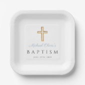 Baby Blue Script Religious Cross Boy Baptism Pappteller (Vorderseite)