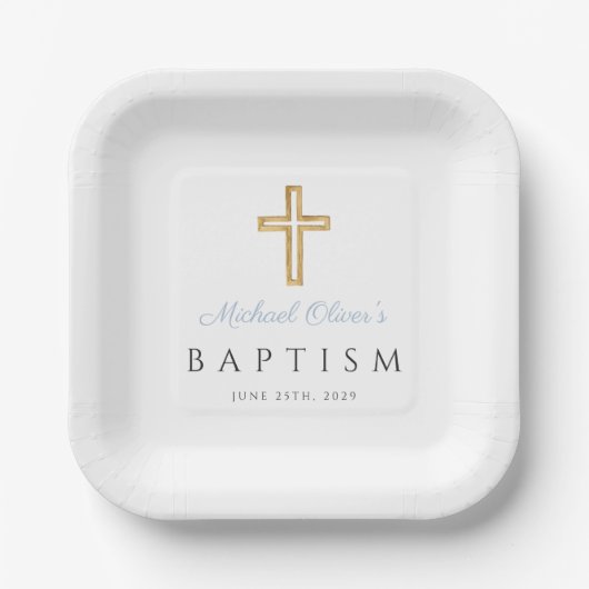 Baby Blue Script Religious Cross Boy Baptism Pappteller (Vorderseite)