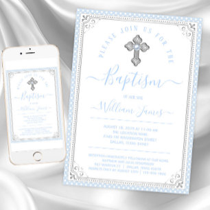 Baby Blue Silber Jungen Taufe Einladung