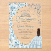 Baby Blue Silbernes Blumen-Quinceanera Acryleinladungen (Vorderseite)