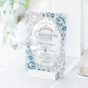 Baby Blue Silbernes Florales Quinceanera Acryleinladungen