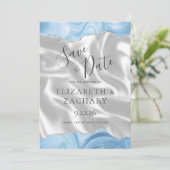 Baby Blue Silver Agate White Silk Save the Date (Stehend Vorderseite)