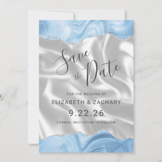 Baby Blue Silver Agate White Silk Save the Date (Vorderseite)
