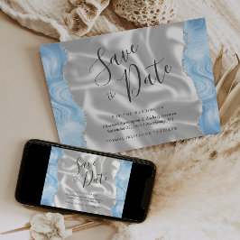 Baby Blue Silver Agate White Silk Save the Date Einladung