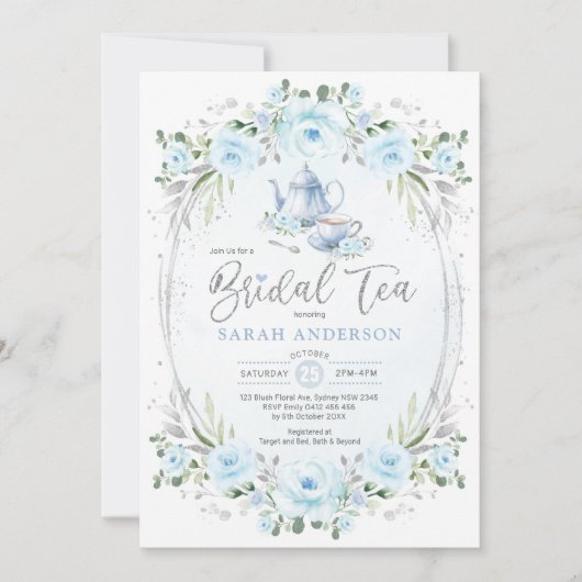 Baby Blue Silver Blume Brautparty Tee Party Einladung (Vorderseite)