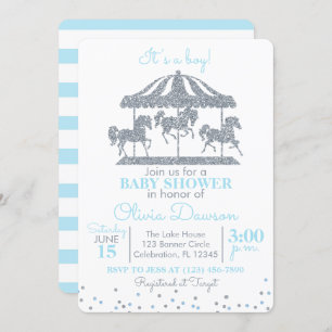 Baby Blue & Silver Carousel Boy Baby Dusche Einladung