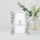 Baby Blue Silver Cross Taufe Christening Einladung (Stehend Vorderseite)
