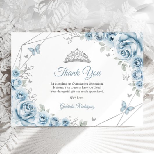 Baby Blue Silver Floral Quinceanera Dankeskarte