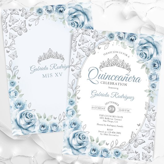 Baby Blue Silver Floral Quinceanera Einladung