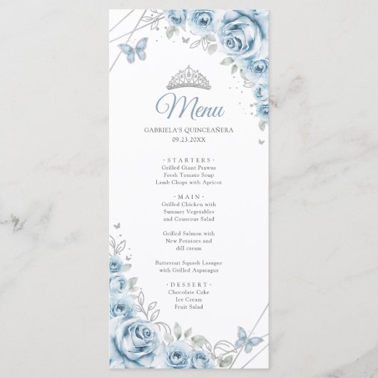 Baby Blue Silver Floral Quinceanera Programmmenü Menükarte (Vorderseite)