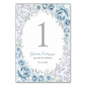 Baby Blue Silver Floral Quinceanera Tischnummer (Rückseite)