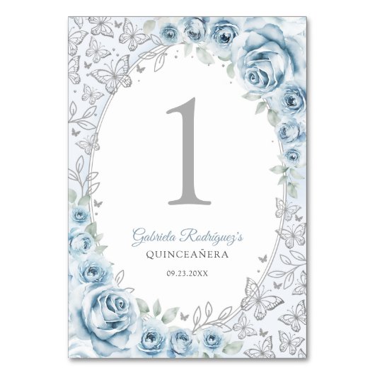 Baby Blue Silver Floral Quinceanera Tischnummer (Vorderseite)