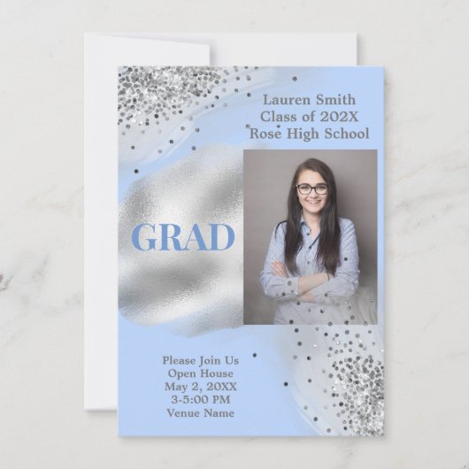 Baby Blue Silver Glitzer Foto Abschluss Einladung (Vorderseite)