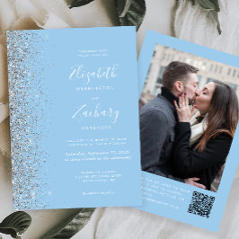 Baby Blue Silver Glitzer Foto QR Code Hochzeit Einladung