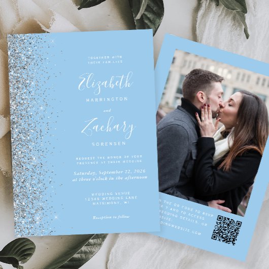 Baby Blue Silver Glitzer Foto QR Code Hochzeit Einladung