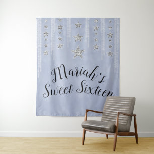 Baby Blue & Silver Glitzer Stars Sweet 16 Party Wandteppich