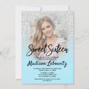 Baby Blue & Silver Glitzer Sweet 16 Foto Einladung