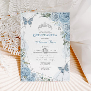 Baby Blue Silver Quinceañera Butterfly Geometric Einladung