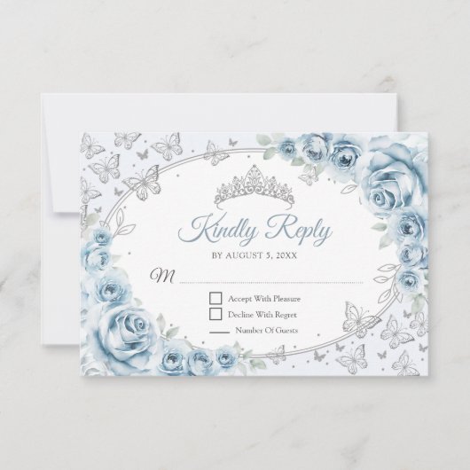 Baby Blue Silver Quinceanera Reply RSVP Karte (Vorderseite)