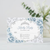 Baby Blue Silver Quinceanera Reply RSVP Karte (Stehend Vorderseite)