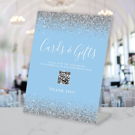 Baby Blue Silver Wedding Cards gibt QR Code Sockelschild
