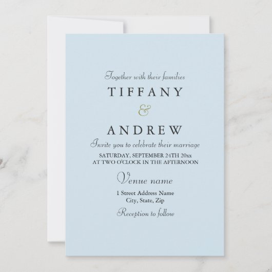 Baby Blue Simple Elegante Typografie Wedding Einla Einladung (Vorderseite)