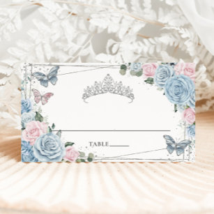 Baby Blue Soft Pink Floral Butterfisch Quinceañera Platzkarte
