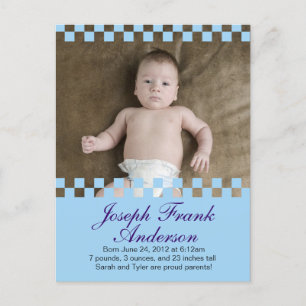 Baby Blue Squares Geburtsankündigung Postcard Nied Ankündigungspostkarte