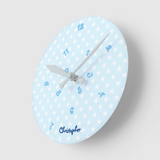 Baby Blue Stars Individuelle Name Boys Kinder Zimm Runde Wanduhr (Winkel)
