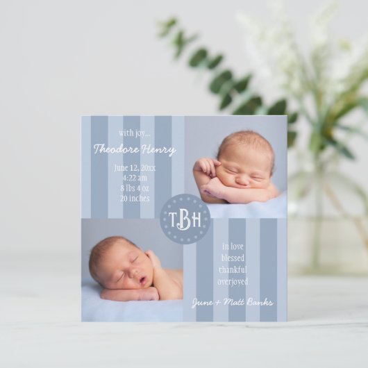Baby Blue Stripe Monogram Birth Ankündigung (Stehend Vorderseite)
