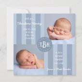 Baby Blue Stripe Monogram Birth Ankündigung (Vorderseite)