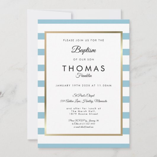 Baby Blue Stripe Taufe Christening Einladung (Vorderseite)