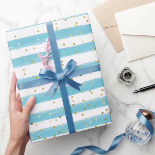 Baby Blue Stripes und Gold Glitzer Boy Party Geschenkpapier (Schenken)