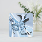 Baby Blue Sweet 16 Masquerade Party Einladung (Stehend Vorderseite)