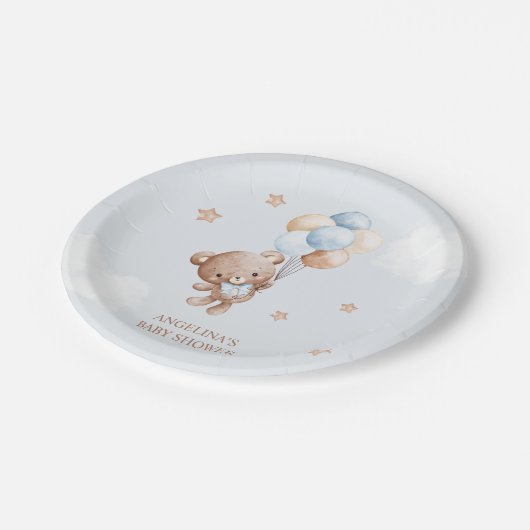 Baby Blue Teddy Bear Baby Dusche Pappteller (Schrägansicht)