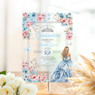 Baby Blue Tiara Florale Schmetterlinge Quinceañera Acryleinladungen