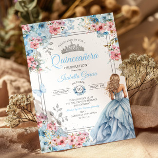 Baby Blue Tiara Florale Schmetterlinge Quinceañera Einladung