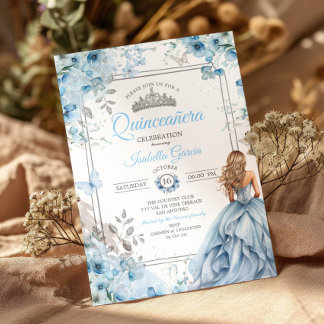 Baby Blue Tiara Florale Schmetterlinge Quinceañera Einladung
