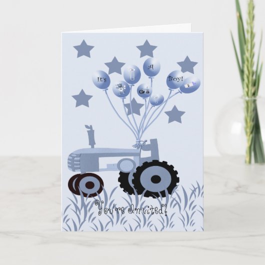 Baby Blue Traktor mit Balloons Card Einladung (Vorderseite)
