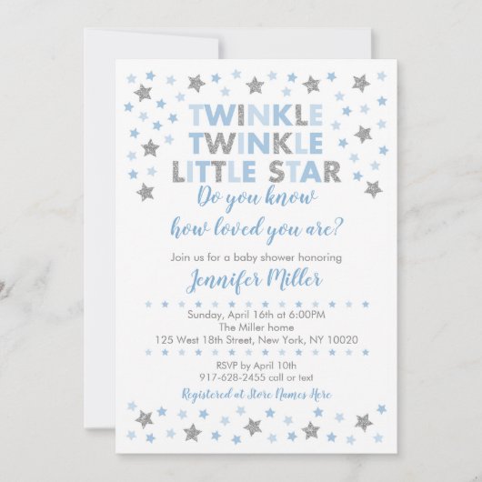 Baby Blue Twinkle Star Baby Dusche Einladung (Vorderseite)