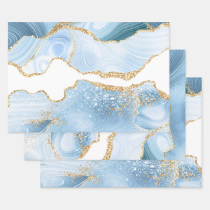 Baby Blue und Faux Gold Glitter Marmor Achat Geschenkpapier Set