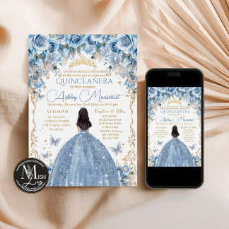 Baby Blue und Gold Blumenkrone Quinceañera Einladung