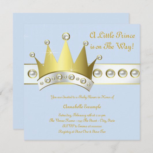 Baby Blue und Gold Prince Baby Dusche Einladung (Vorne/Hinten)