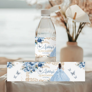 Baby Blue und Gold Quinceañera Prinzessin Wasserfl Wasserflaschenetikett