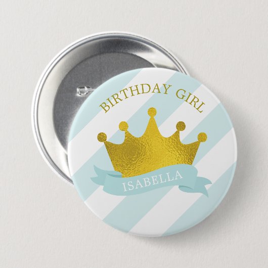 Baby Blue und Gold Tiara "Birthday Girl" Button (Vorne & Hinten)