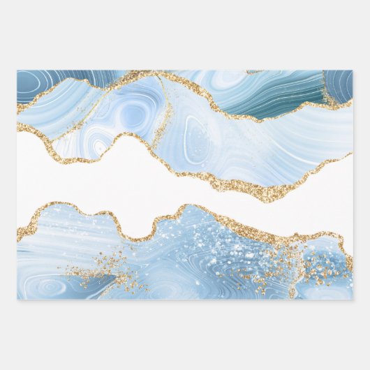 Baby Blue und Imitate Gold Glitzer Marble Agate Geschenkpapier Set (Vorderseite 3)